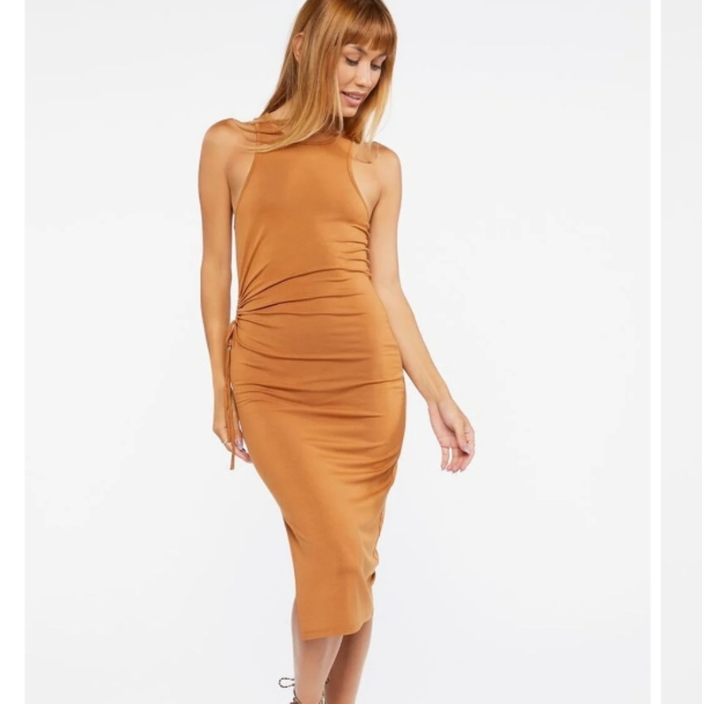 Nude Color Cut Out Dress with Slit